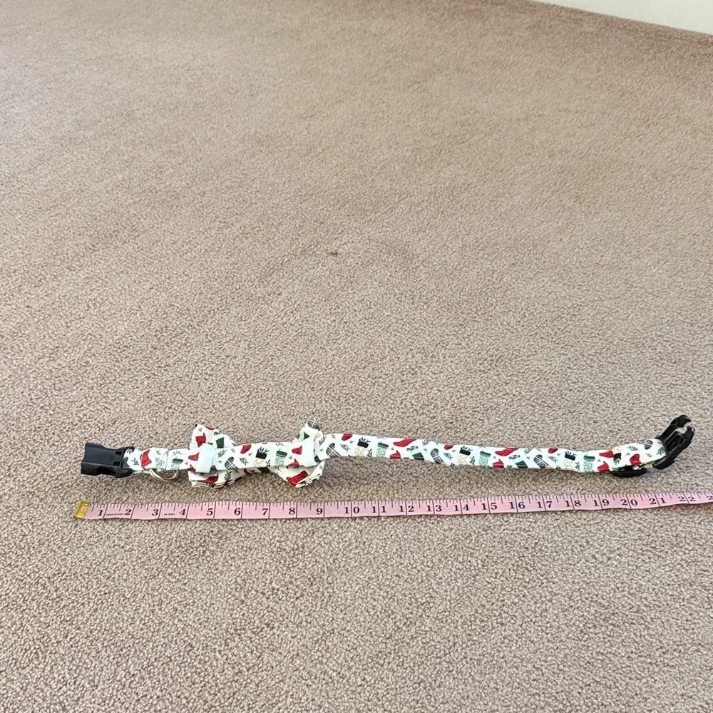 Holiday Cream Bow Tie Dog Collar with Red & Green Stocking Print